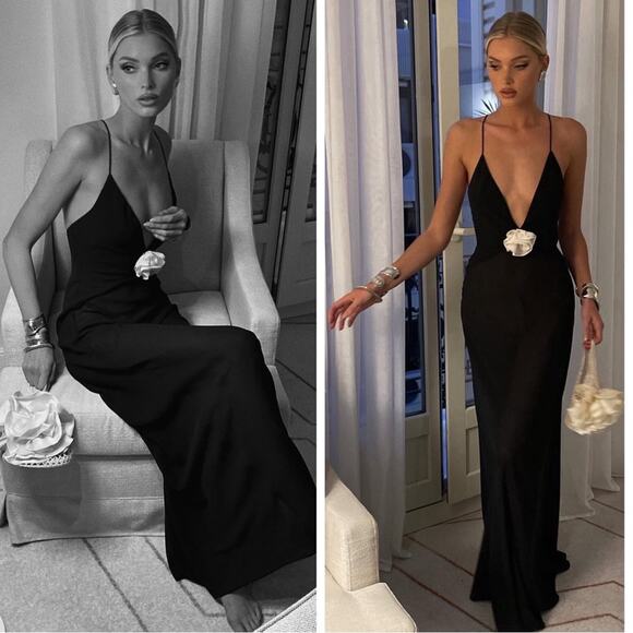 Helsa Sheer Deep V Rosette Long Slip Maxi Dress in Black Size Large - Picture 2 of 11